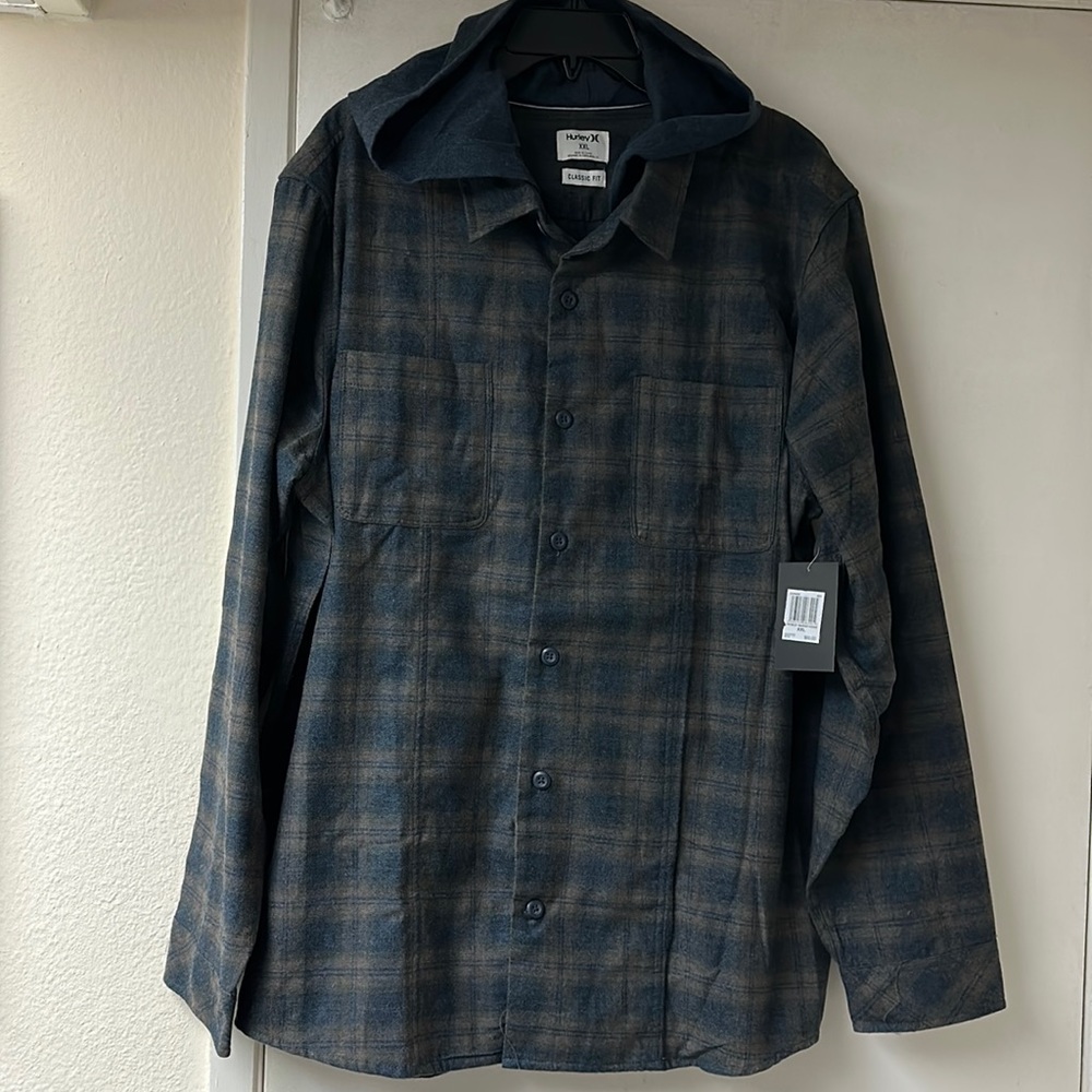 Men’s Hurley XXL Flannel Shirt with Hood Brown/Blue
